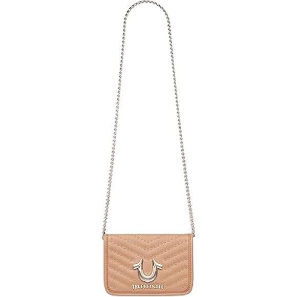 Camel Horseshoe Multi Stud Flap Crossbody Bag with Chain Strap & Quilted Chevron - Picture 1 of 6
